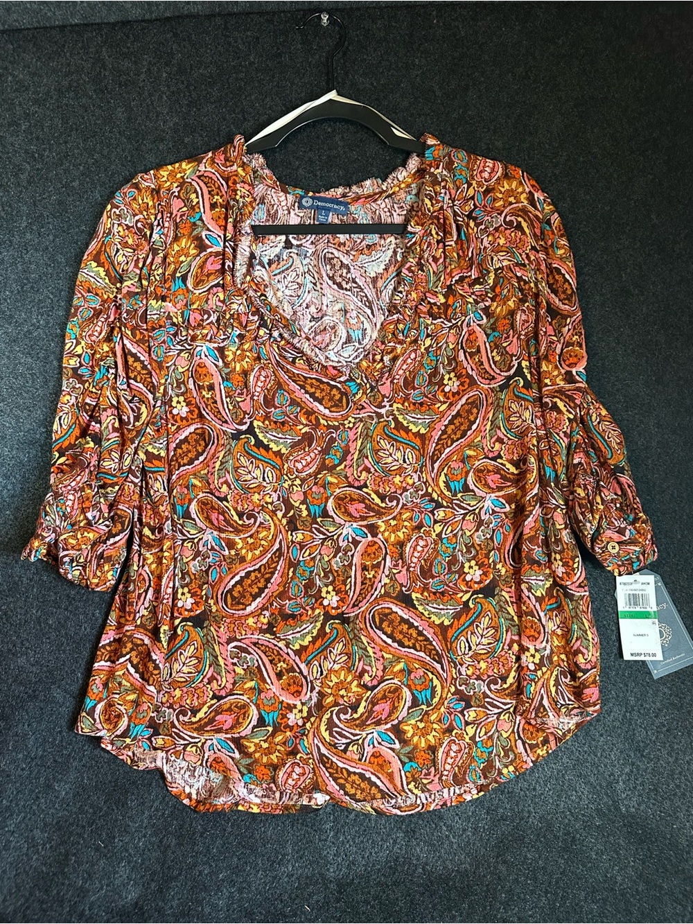 Democracy Women's Large Paisley Boho Blouse V-Neck 3/4 Sleeve Multi Large